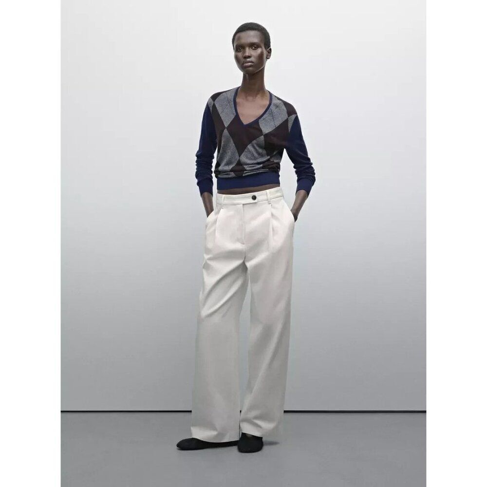 Massimo Dutti Womens Wide Leg Trousers EU 36 US 4 Off-White Pleated 5007/807 NWT